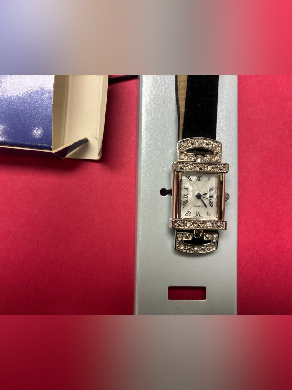 2002 Vintage Crystal Accent Black Leather Strap Women's Watch